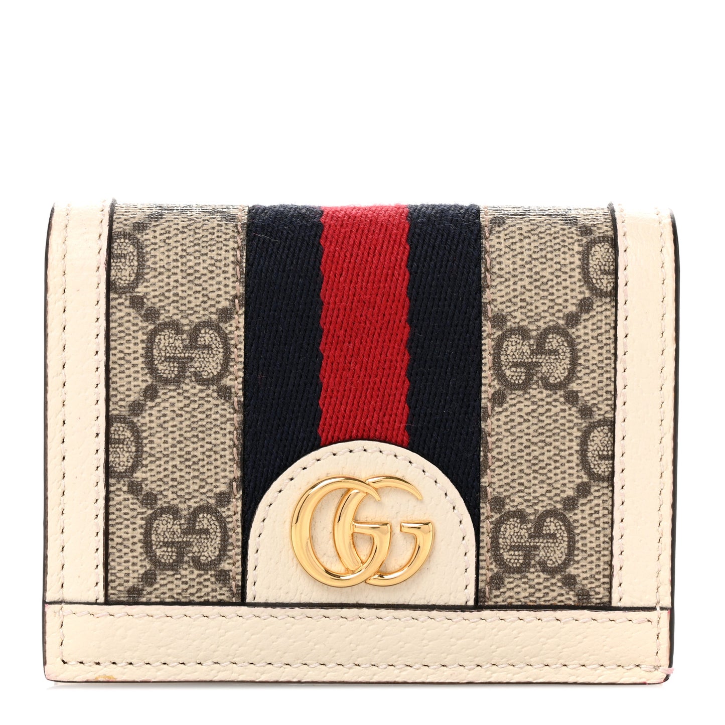 GG Supreme Monogram Textured Dollar Calfskin Web Ophidia Card Case Beige Ebony Mystic White