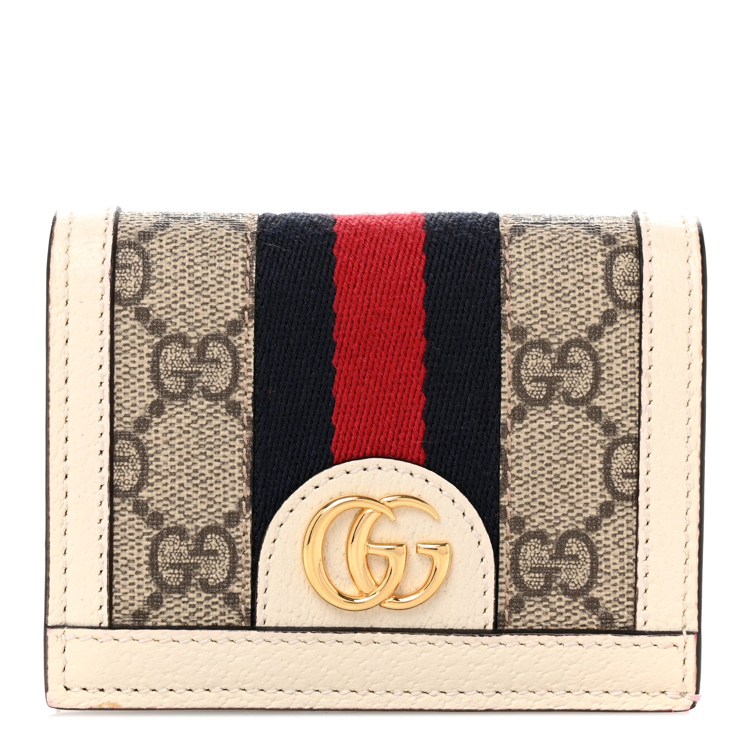 Gucci GG Supreme Monogram Textured Dollar Calfskin Web Ophidia Card Case Beige Ebony Mystic White 1 of 7