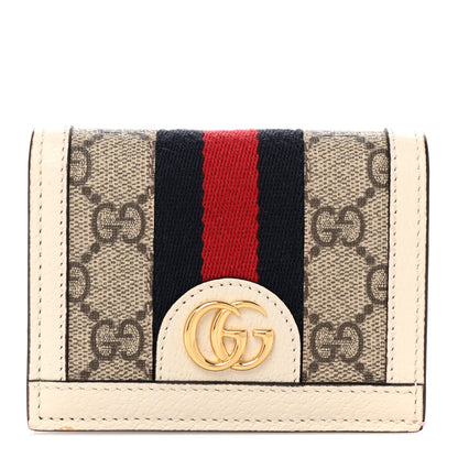 Gucci GG Supreme Monogram Textured Dollar Calfskin Web Ophidia Card Case Beige Ebony Mystic White 1 of 7