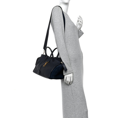Saint Laurent Calfskin Suede Small Monogram Downtown Cabas Navy Blue 2 of 9