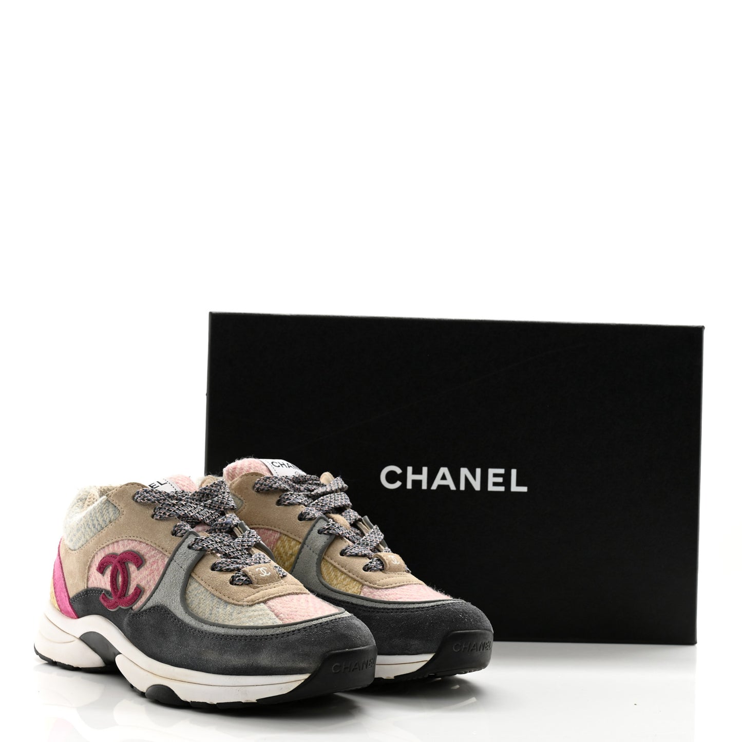 Fabric Suede Calfskin CC Sneakers 36.5 Pink Beige Multicolor