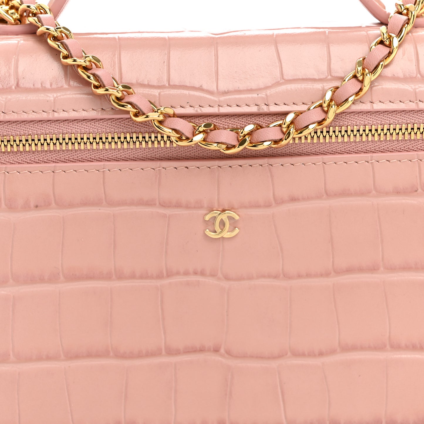 Calfskin Crocodile Embossed Crococo Top Handle Slim Vanity Case With Chain Light Pink