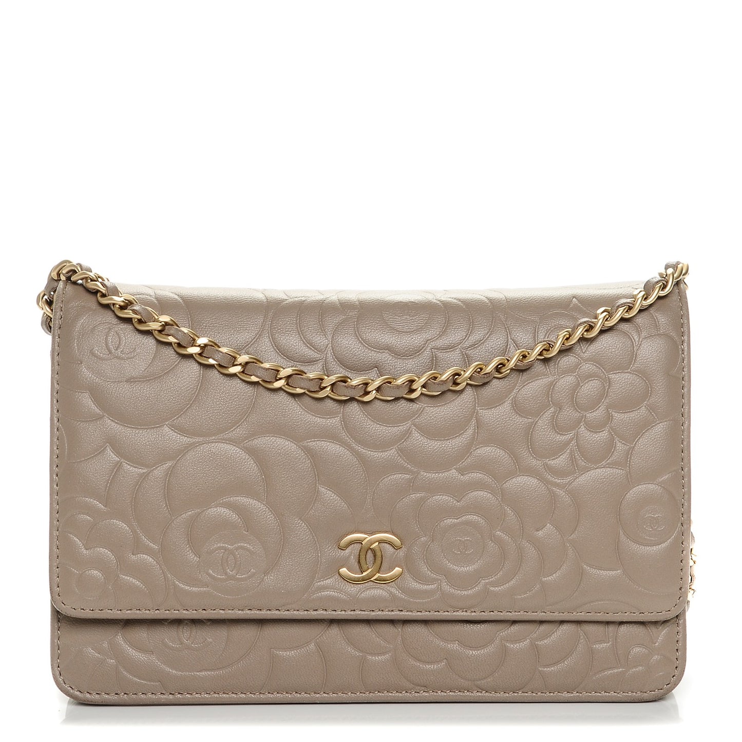 Lambskin Camellia Embossed Wallet on Chain WOC Beige