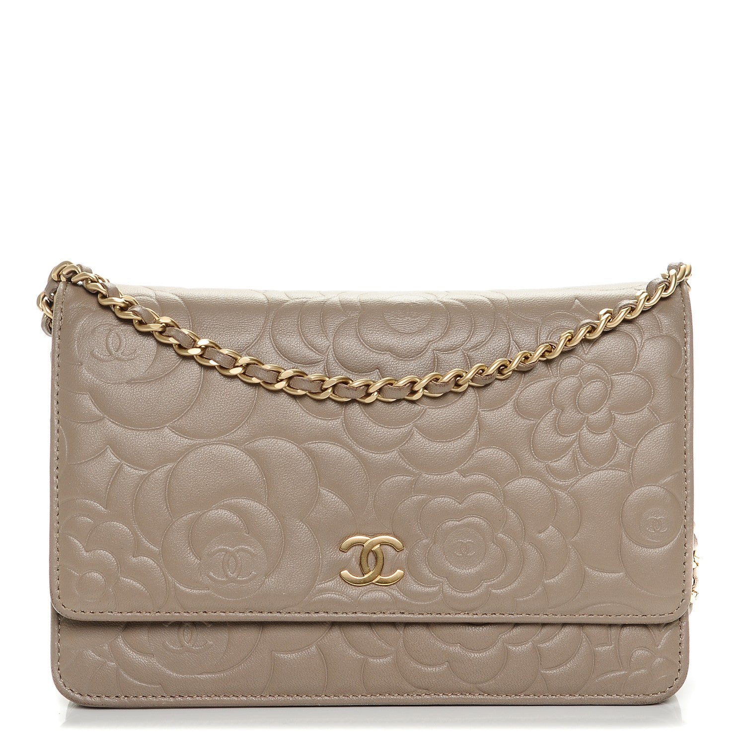 Chanel Lambskin Camellia Embossed Wallet on Chain WOC Beige 1 of 8
