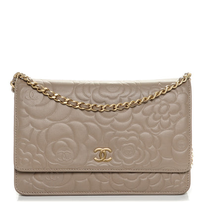 Chanel Lambskin Camellia Embossed Wallet on Chain WOC Beige 1 of 8