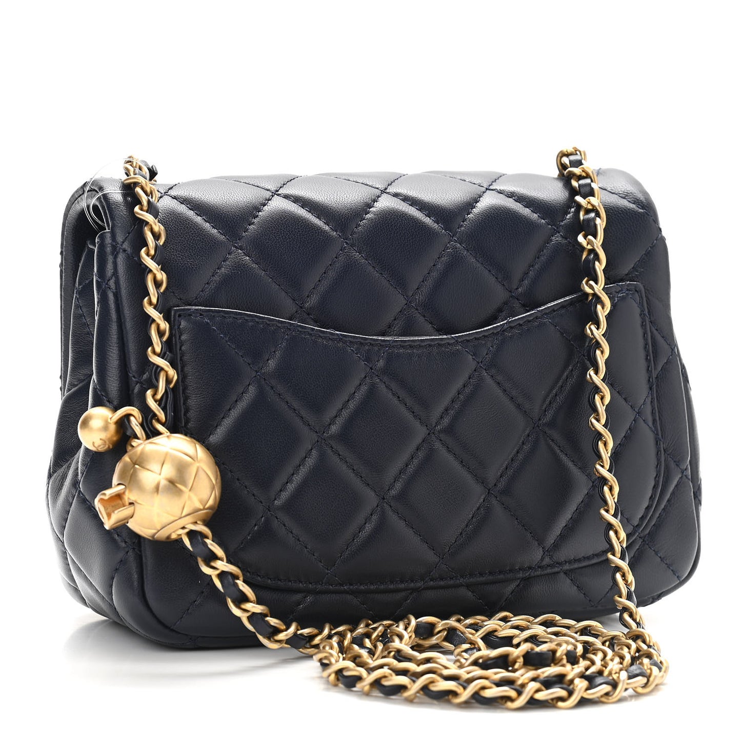 Lambskin Quilted Mini Pearl Crush Flap Navy Blue