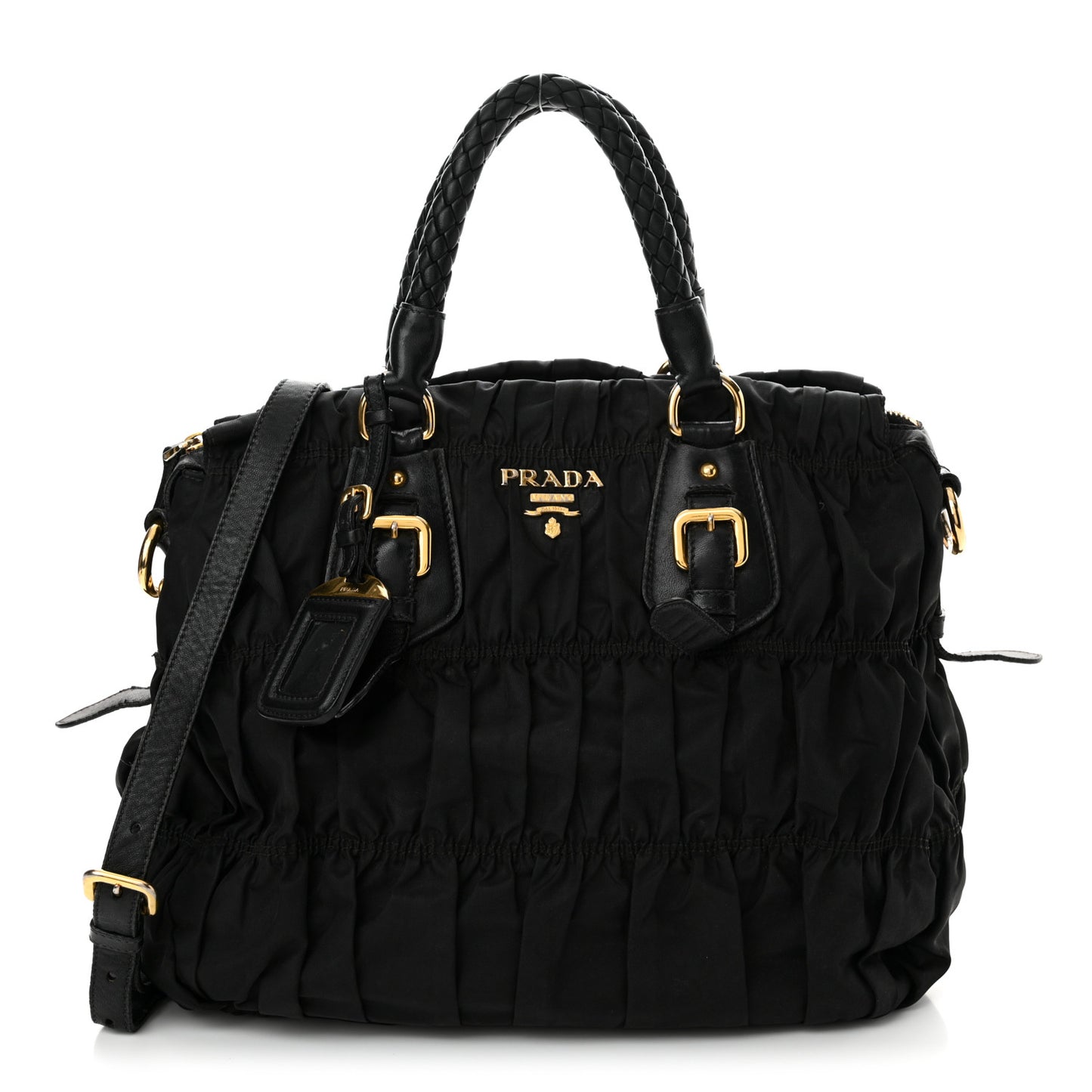 Tessuto Nylon Nappa Braided Gaufre Shopping Satchel Black