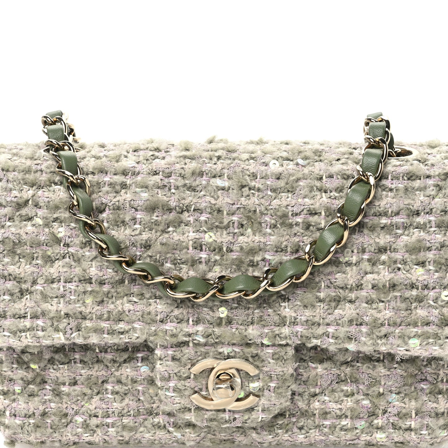 Wool Tweed Sequin Quilted Mini Rectangular Flap Green Beige Ecru