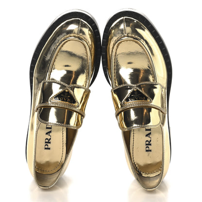 Prada Metallic Brushed Calfskin Metal Triangle Logo 50mm Loafers 37.5 Platino 2 of 10