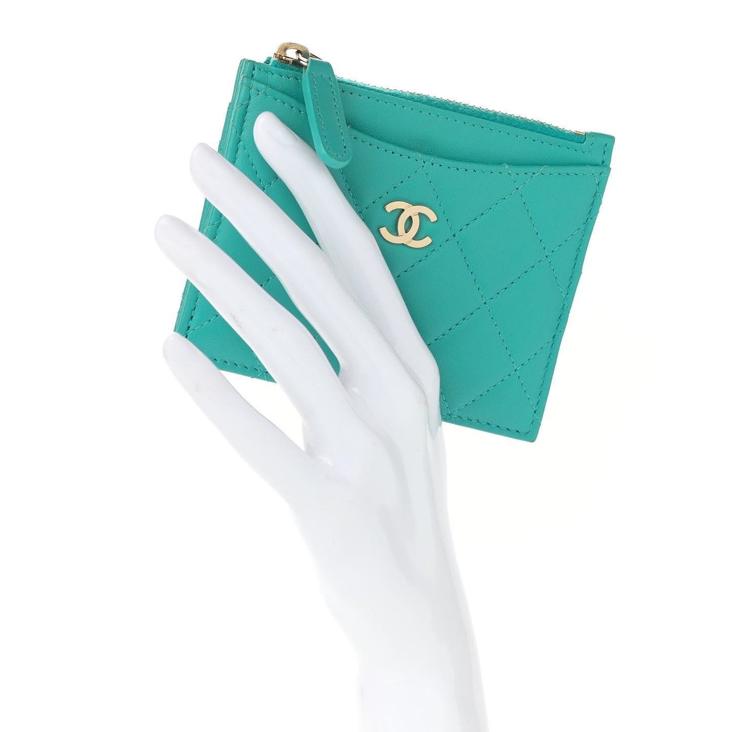 Lambskin Quilted Zip Card Holder Turquoise