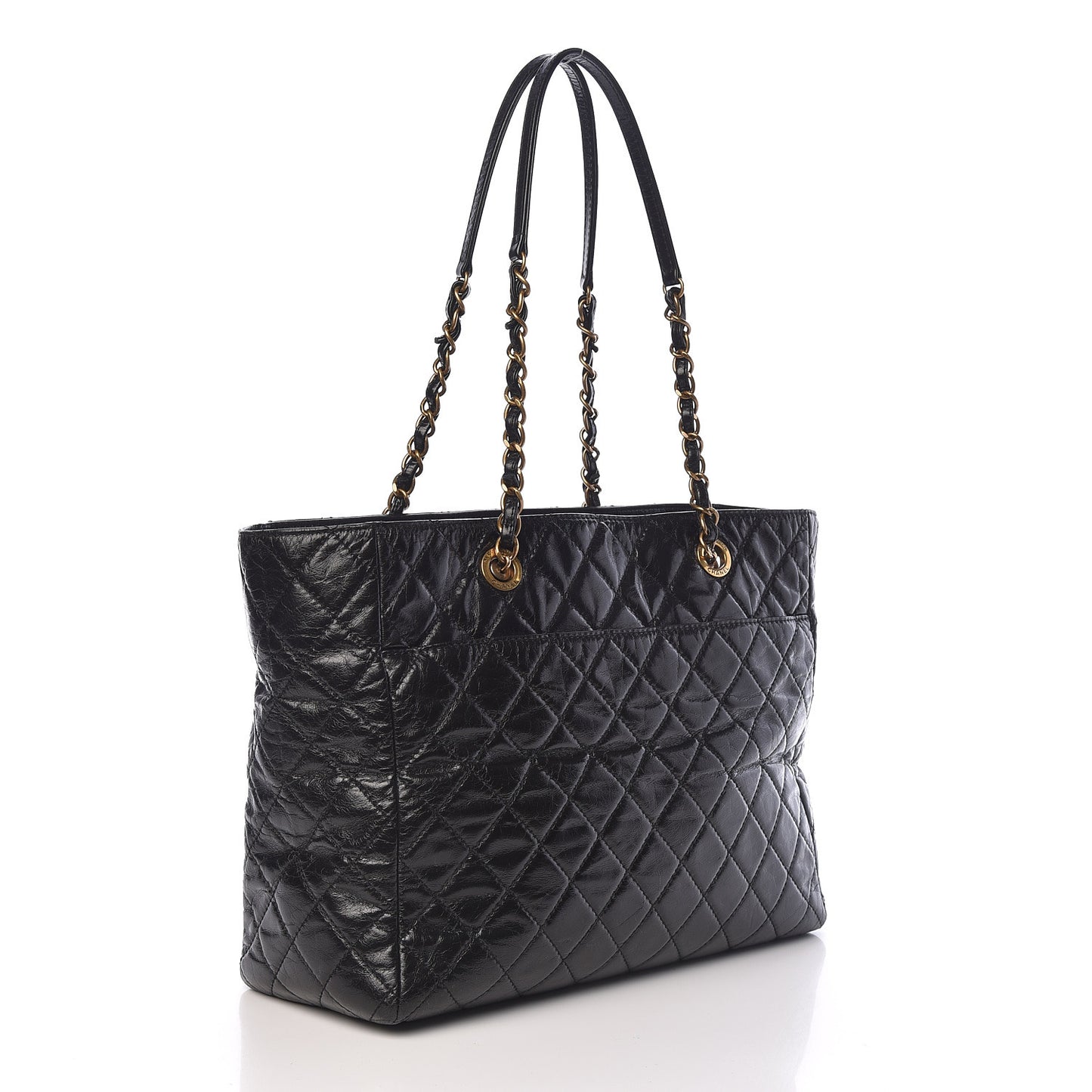 Glazed Calfskin Quilted Large Front Pocket Tote Black
