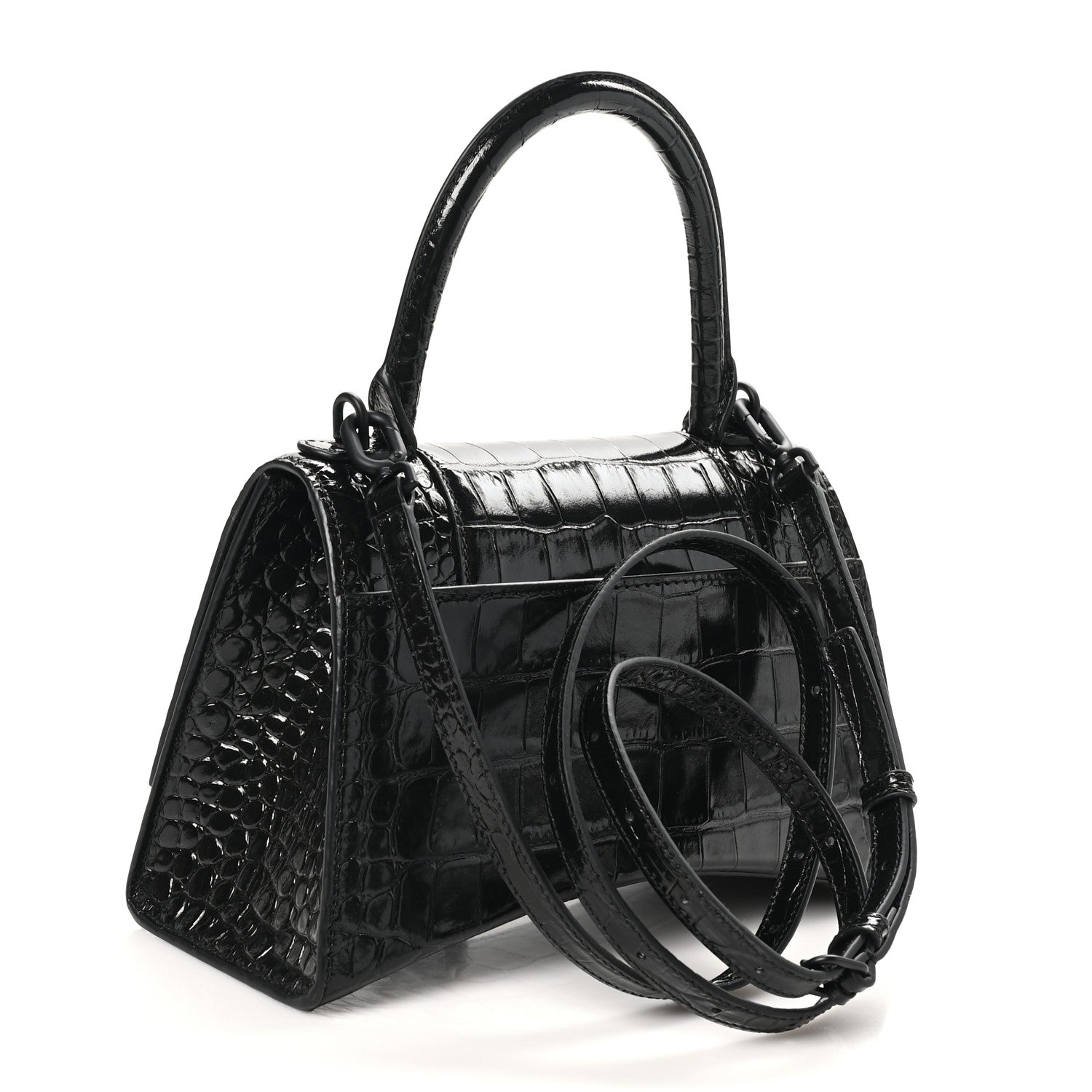 Balenciaga Shiny Calfskin Monochrome Crocodile Embossed Small Hourglass Top Handle Bag Black 3 of 10