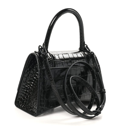 Balenciaga Shiny Calfskin Monochrome Crocodile Embossed Small Hourglass Top Handle Bag Black 3 of 10