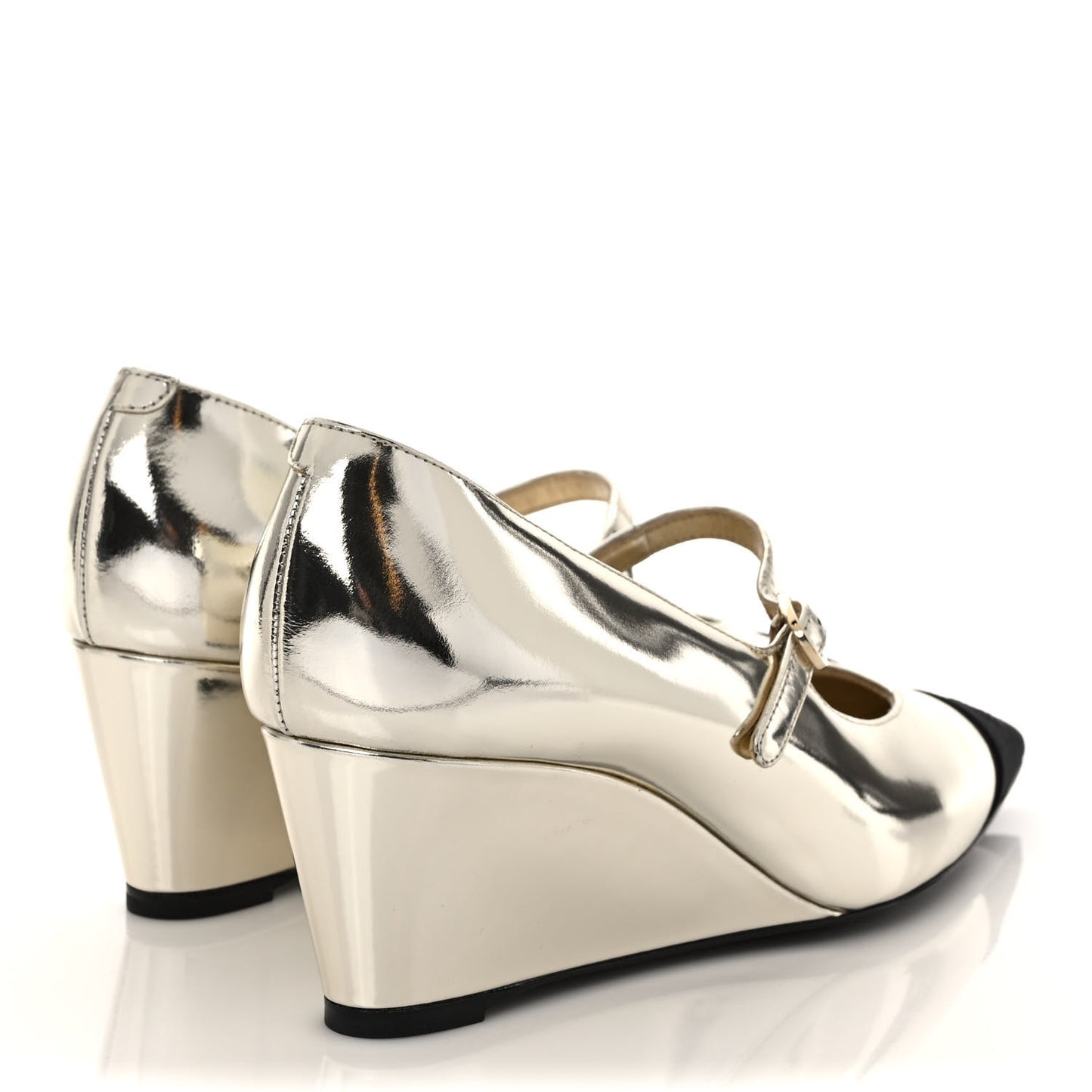 Laminated Calfskin Grosgrain Cap Toe CC Pointed Toe Wedge Pumps 37.5 Gold Black