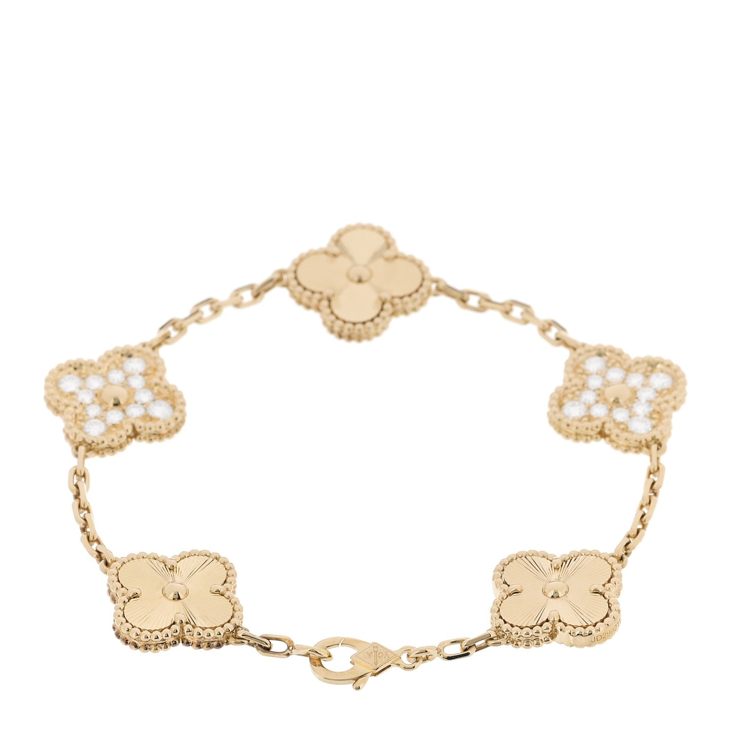 18K Yellow Gold Diamond 5 Motifs Guilloche Vintage Alhambra Bracelet