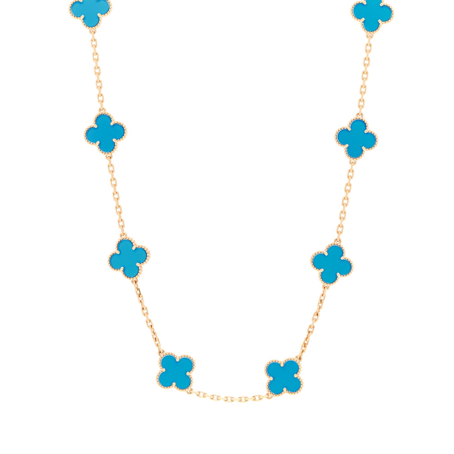 18K Yellow Gold Blue Agate 10 Motifs Vintage Alhambra Necklace