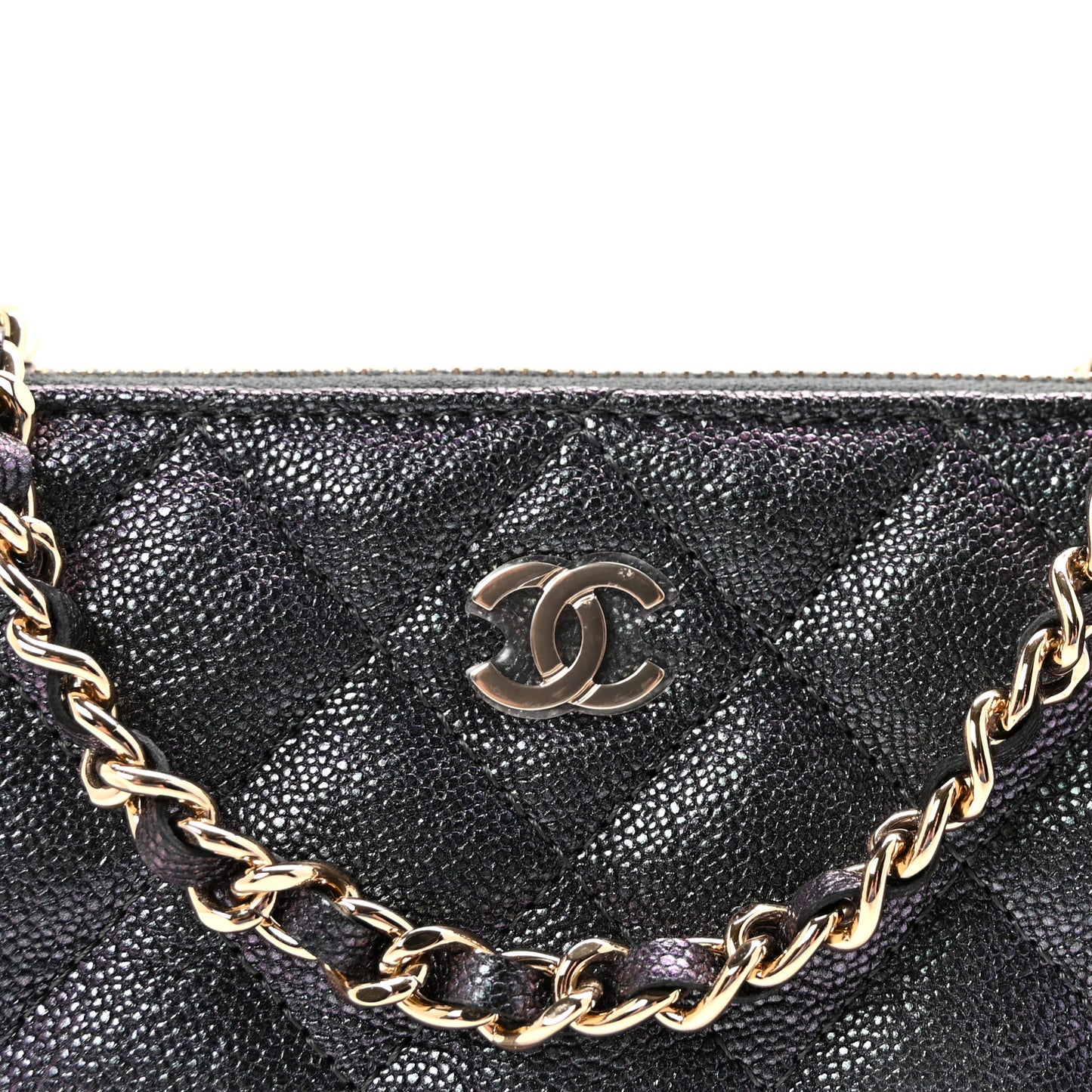 Iridescent Caviar Quilted Small Clutch With Chain Black