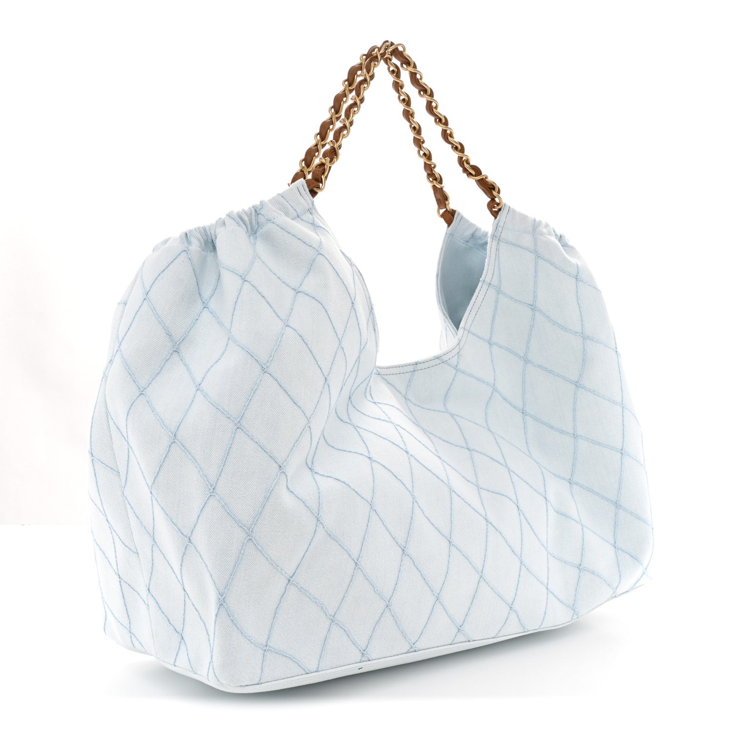 Denim Calfskin Quilted Coco Beach Small Shopping Tote Light Blue Brown