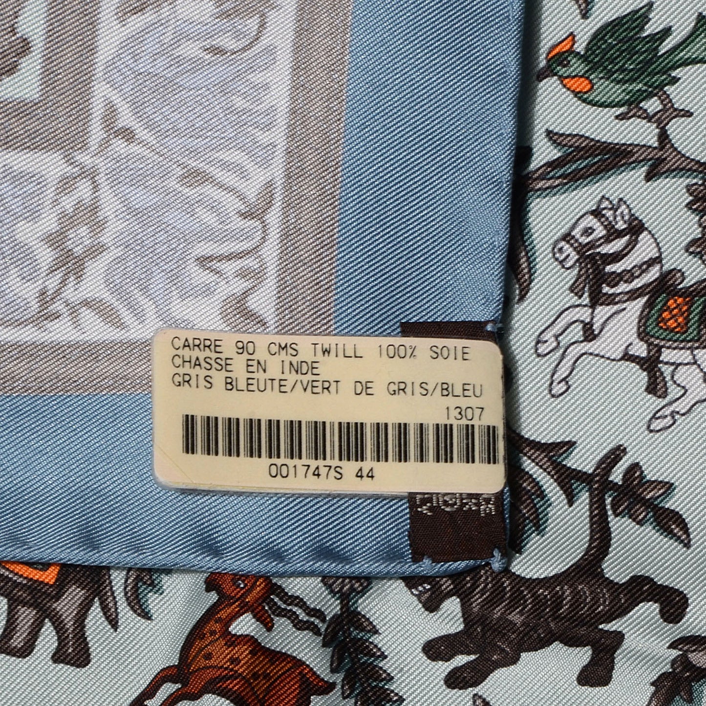 Silk Chasse En Inde Scarf 90 Gris Bleuete Vert De Gris Bleu