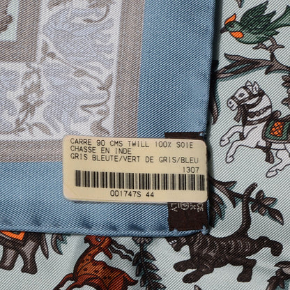 Hermes Silk Chasse En Inde Scarf 90 Gris Bleuete Vert De Gris Bleu 6 of 6