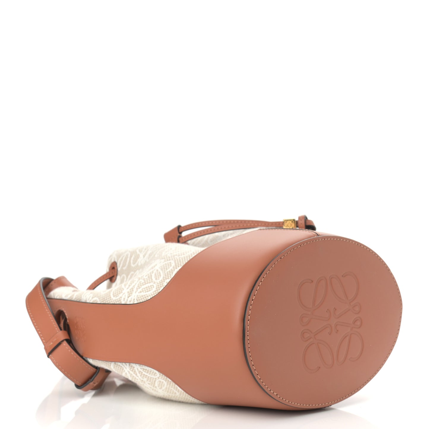 Calfskin Jacquard Linen Anagram Embroidered Small Balloon Bucket Bag Ecru Tan