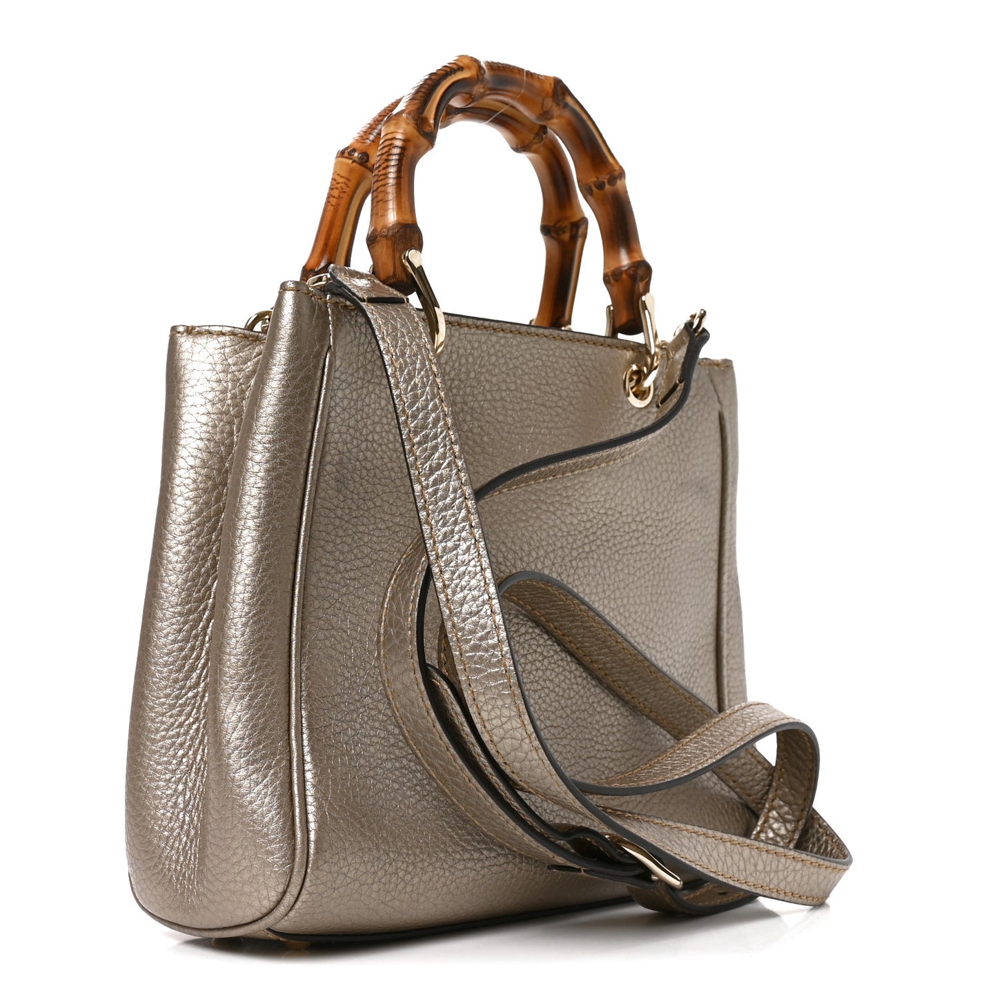 Metallic Calfskin Mini Bamboo Shopper Tote Golden Beige