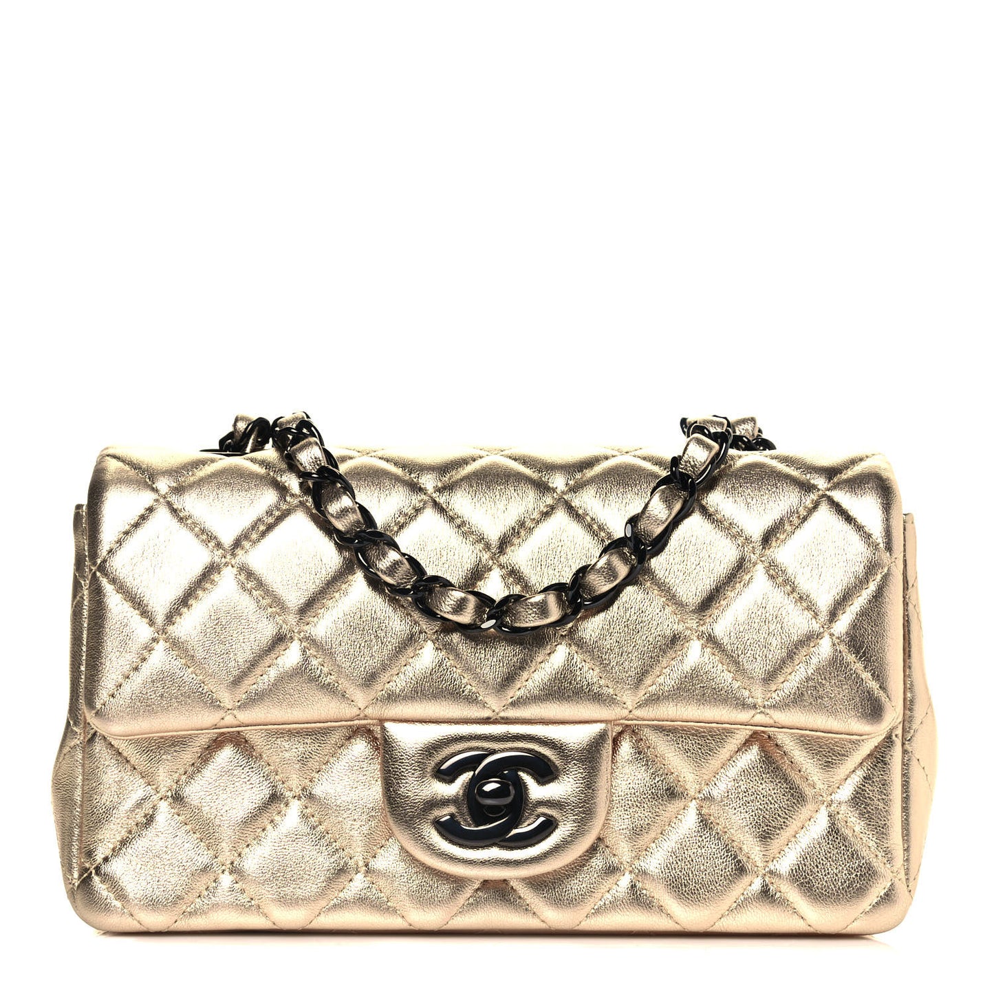 Metallic Lambskin Quilted Mini Rectangular Flap Gold Black