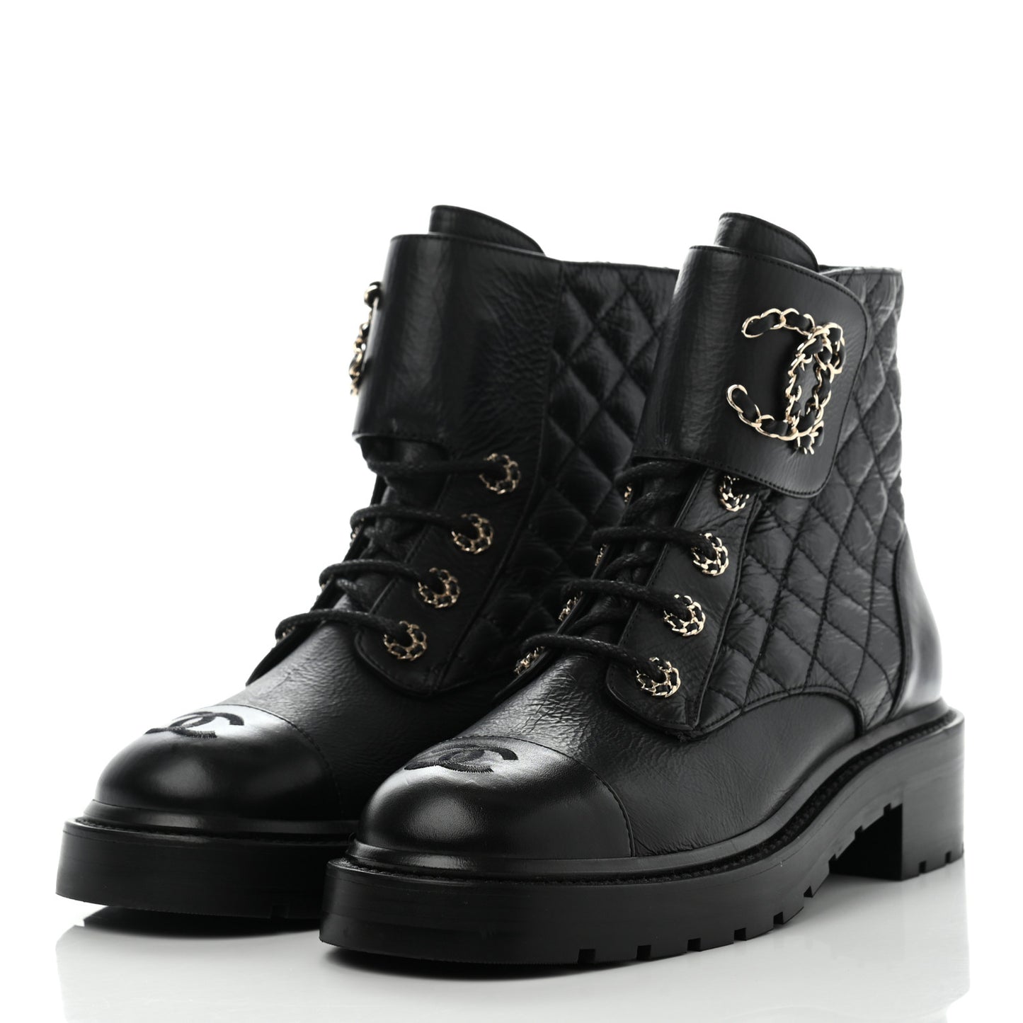 Shiny Goatskin Calfskin Quilted Lace Up Combat Boots 38.5 Black