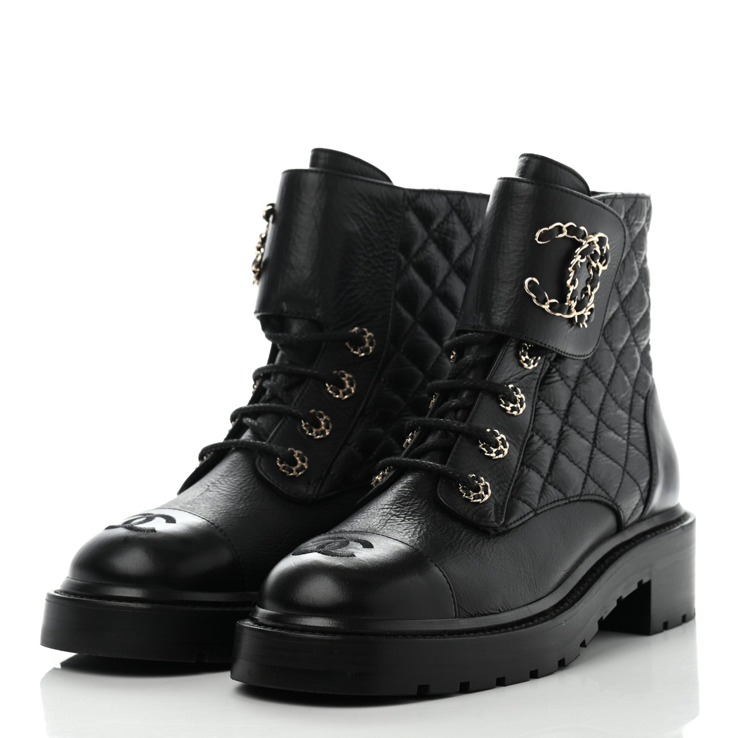 Chanel Shiny Goatskin Calfskin Quilted Lace Up Combat Boots 38.5 Black 3 of 14
