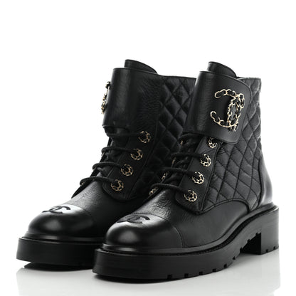 Chanel Shiny Goatskin Calfskin Quilted Lace Up Combat Boots 38.5 Black 3 of 14