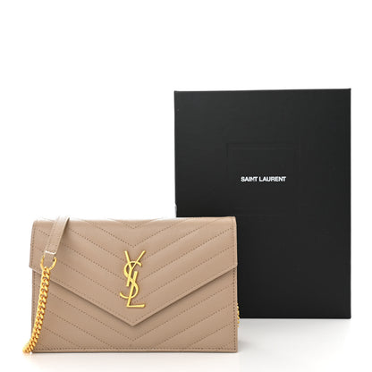 Saint Laurent Grain De Poudre Matelasse Chevron Monogram Envelope Chain Wallet Dark Beige 3 of 11