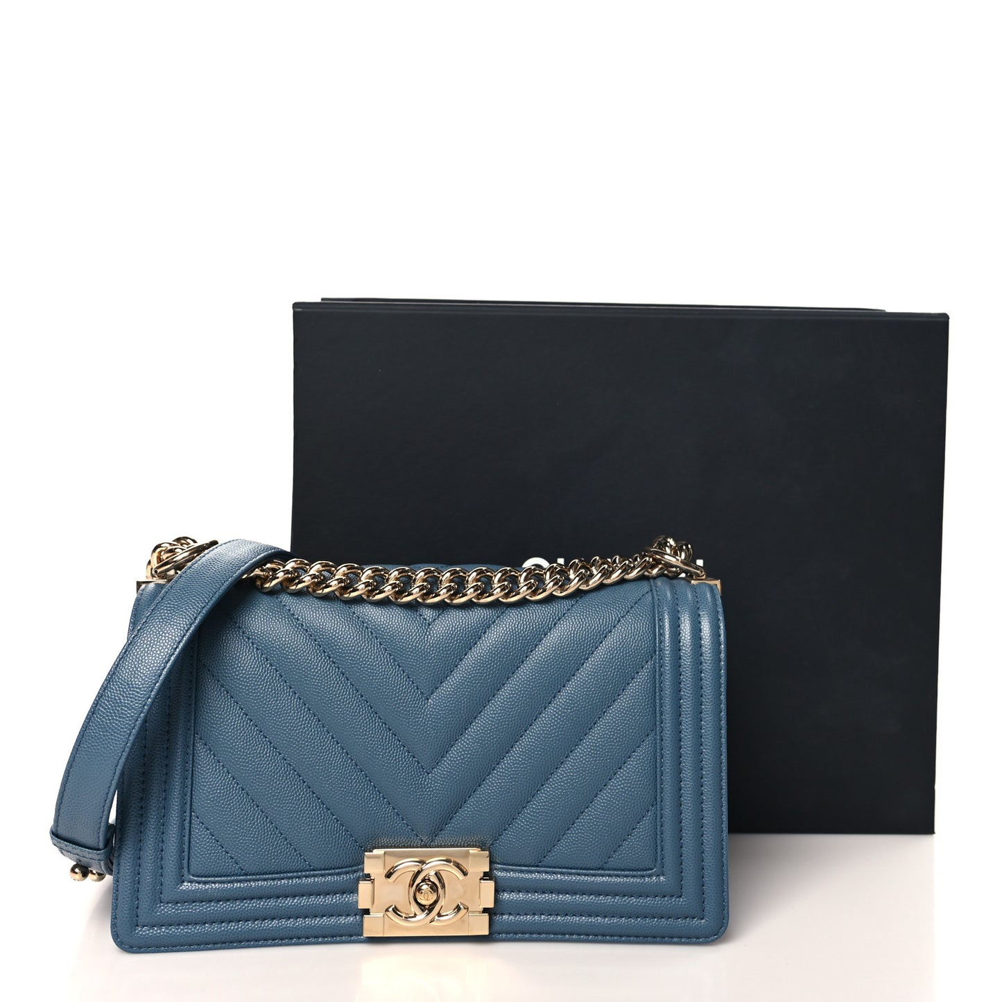 Caviar Chevron Quilted Medium Boy Flap Blue