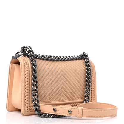 Chanel Calfskin Chevron Quilted Medium Braided Boy Flap Beige 3 of 15