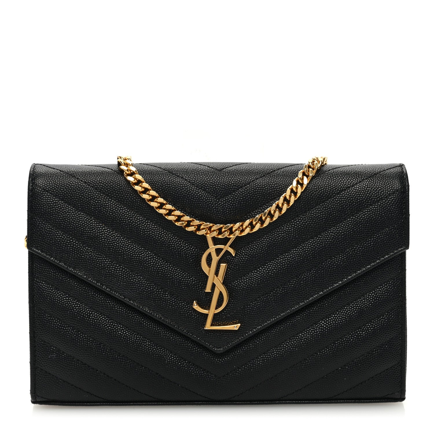 Saint Laurent Grain De Poudre Matelasse Chevron Monogram Chain Wallet Black 1 of 9