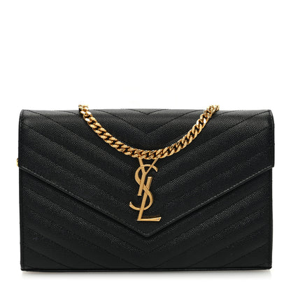 Saint Laurent Grain De Poudre Matelasse Chevron Monogram Chain Wallet Black 1 of 9