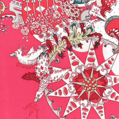 Hermes Silk Twill La Folle Parade Zoom Pocket Square Rose Vif Vert White 2 of 3