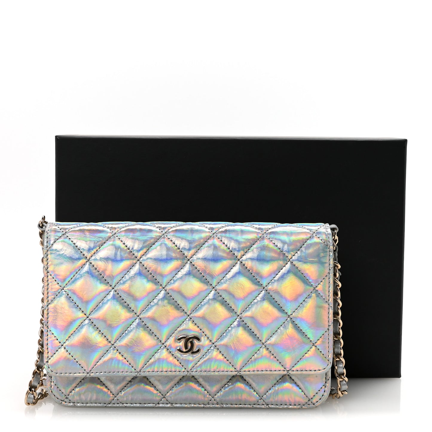 Iridescent Goatskin Quilted Wallet On Chain WOC Silver