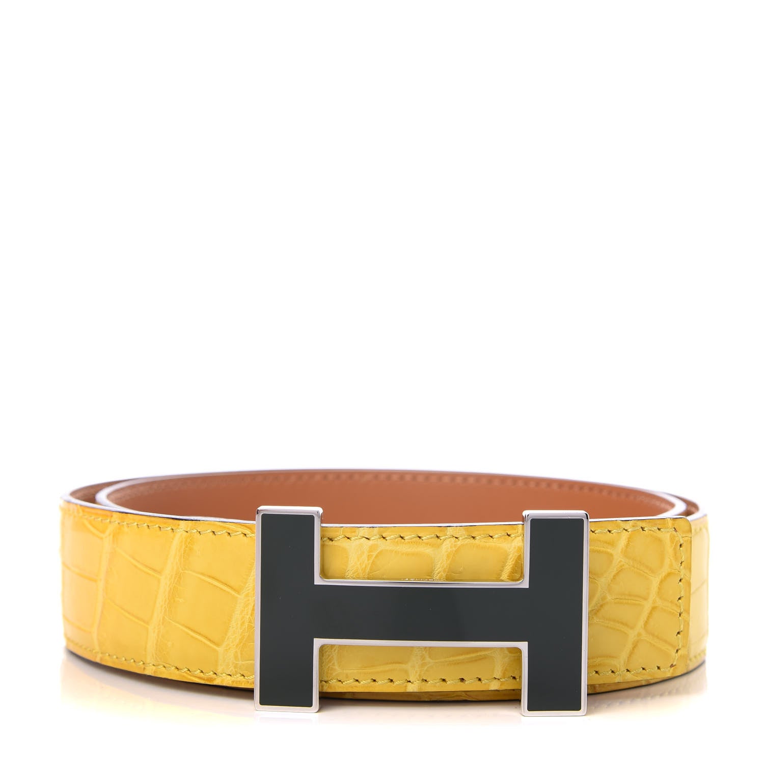 Hermes Shiny Porosus Crocodile 32mm Enamel Quizz H Belt 80 Mimosa 1 of 5