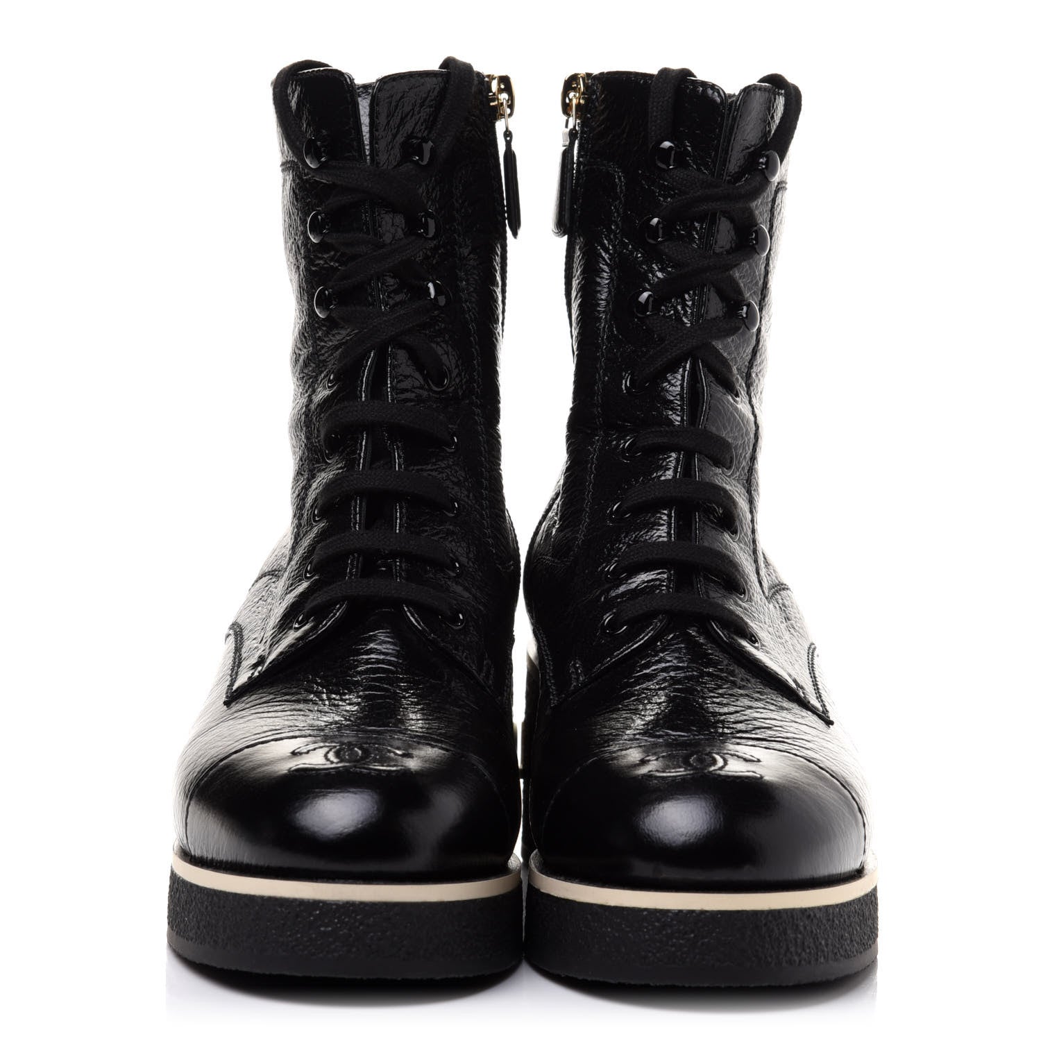 Chanel Shiny Crumpled Lambskin Lace Up Combat Boots 40 Black 2 of 11