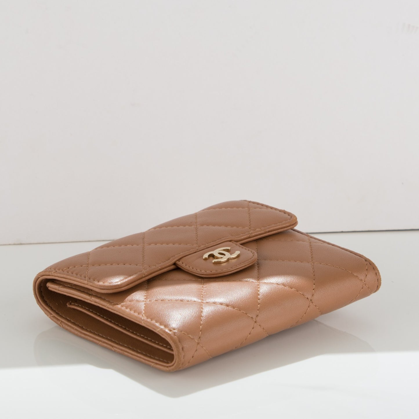 Lambskin Quilted Compact Flap Wallet Dark Beige
