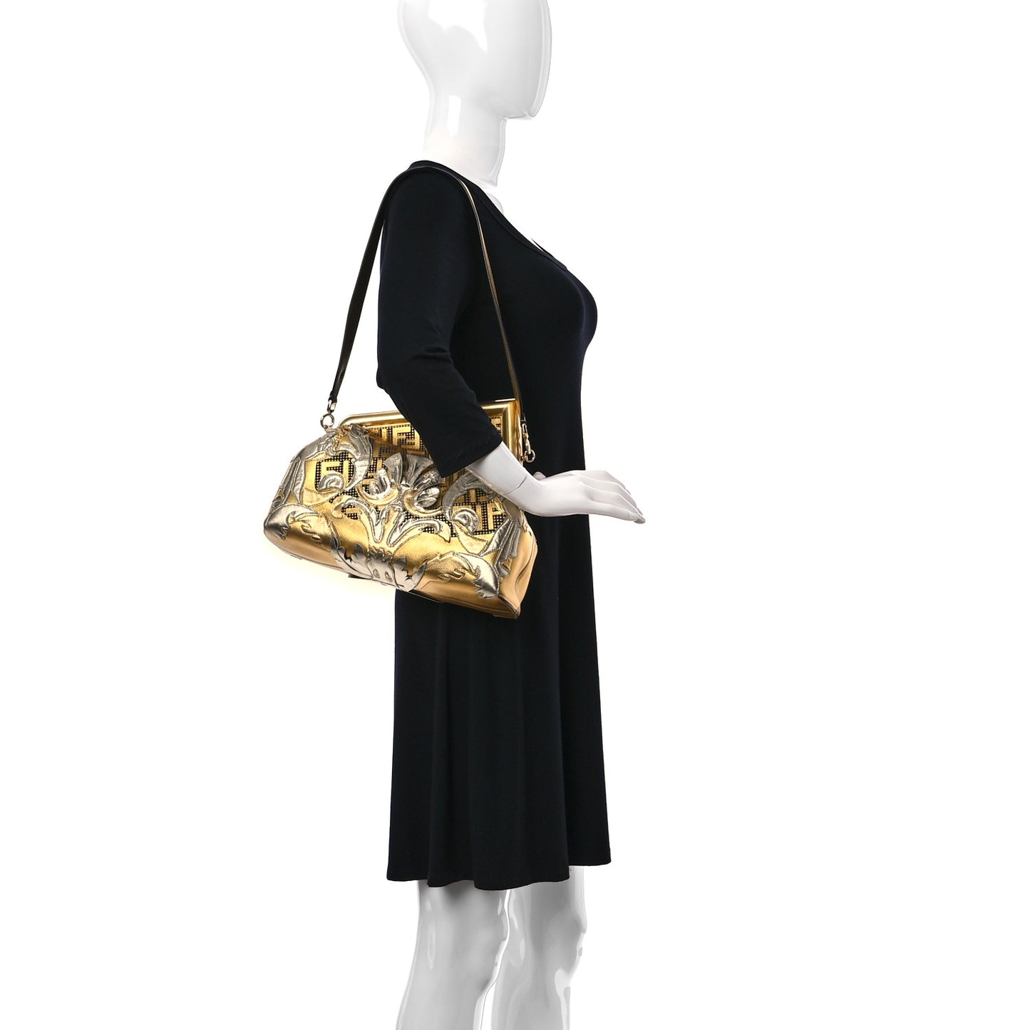 X VERSACE Vitello Laminato Catalan Mirror Fendace FF Medium Fendi First Oro
