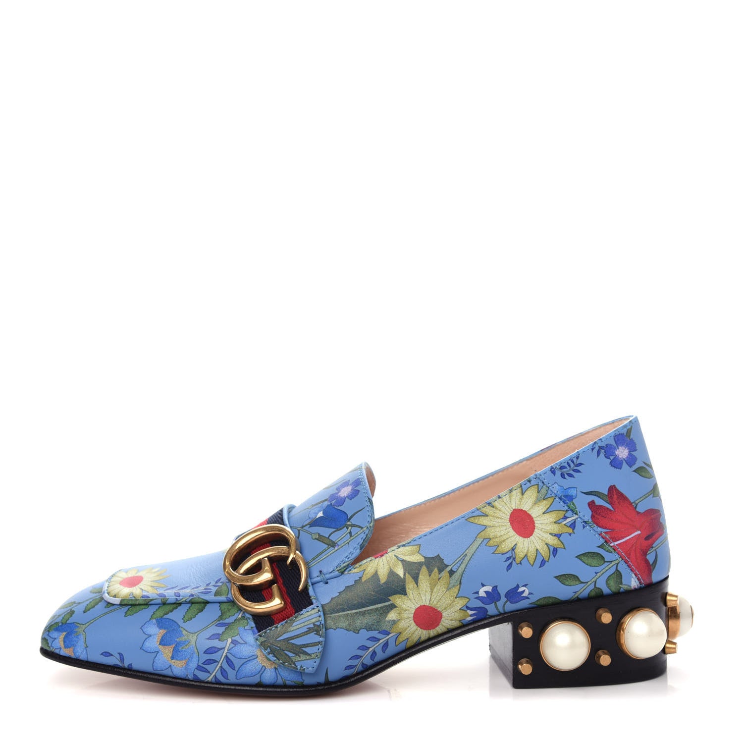 Gucci Apollo Calfskin Web Pearl New Flora Peyton 35mm Loafer Pumps 37.5 Azure 1 of 11