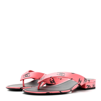 Chanel Lambskin Printed CC Thong Sandals 40 Pink Black 3 of 10