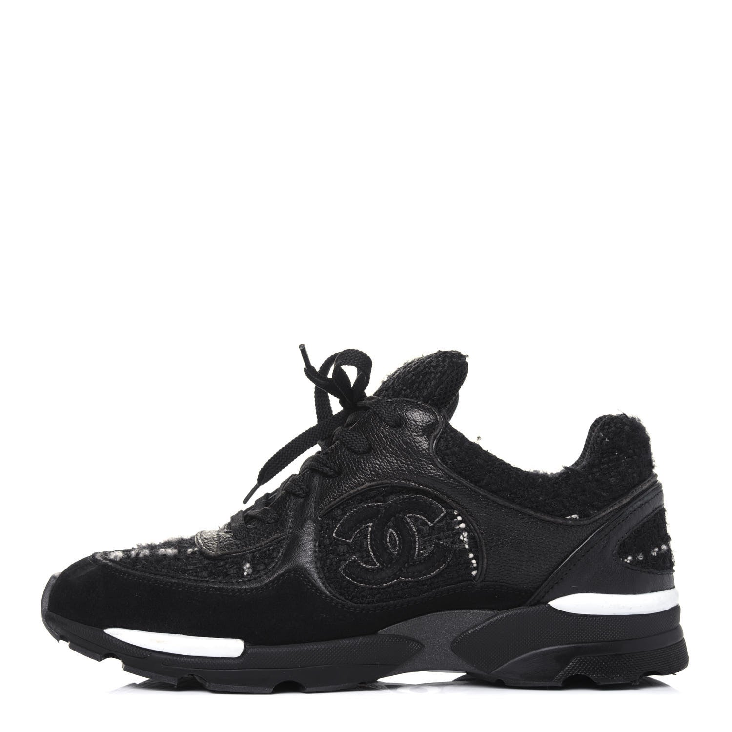 Chanel Tweed Suede Goatskin CC Sneakers 37 Black White 1 of 15