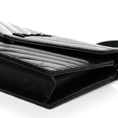 Saint Laurent Grain De Poudre Matelasse Chevron Monogram Monochrome Envelope Chain Wallet Black 9 of 10