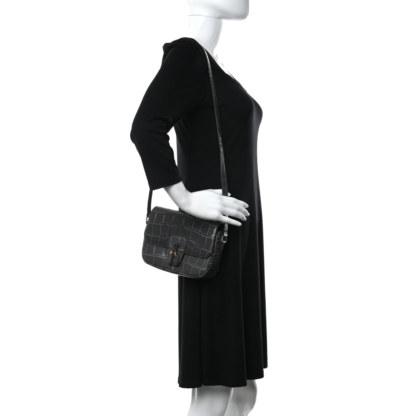 Calfskin Crocodile Embossed Medium Tassel Bag Anthracite