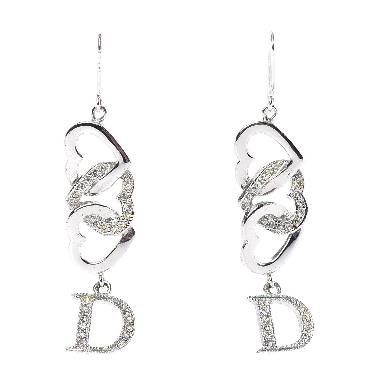 Christian Dior Crystal Heart Hoop Earrings Silver 1 of 3