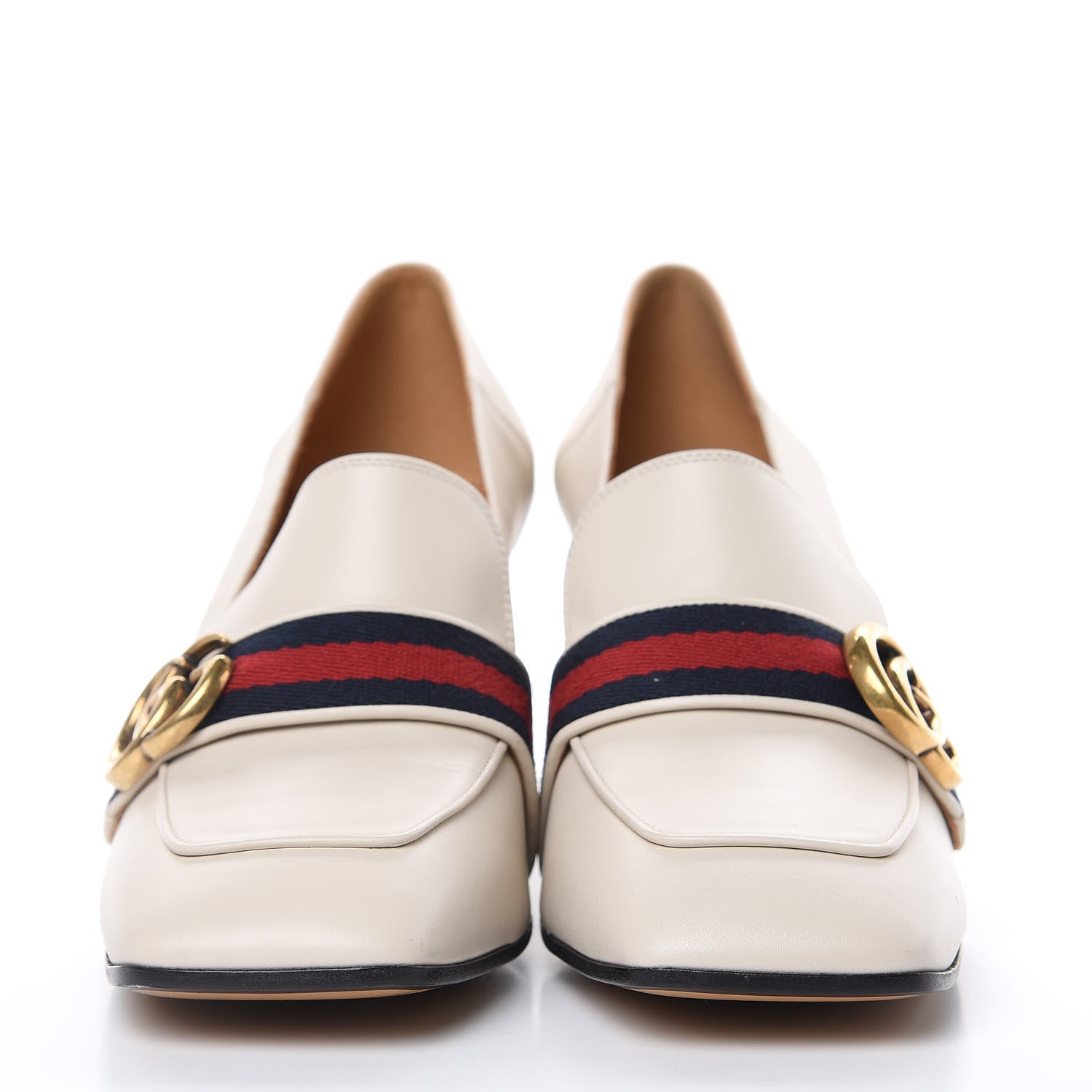 Gucci Betis Glamour Calfskin Web Pearl Embellished Peyton 75mm Loafer Pumps 39 Mystic White 2 of 10