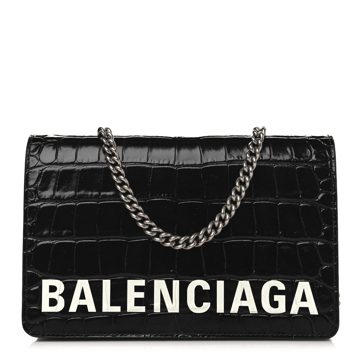 Balenciaga Shiny Calfskin Logo Crocodile Embossed Ville Wallet on Chain Black 1 of 8