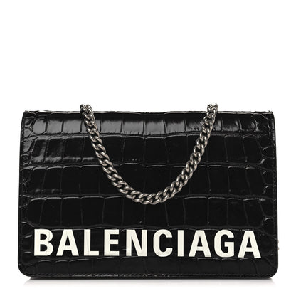 Balenciaga Shiny Calfskin Logo Crocodile Embossed Ville Wallet on Chain Black 1 of 8